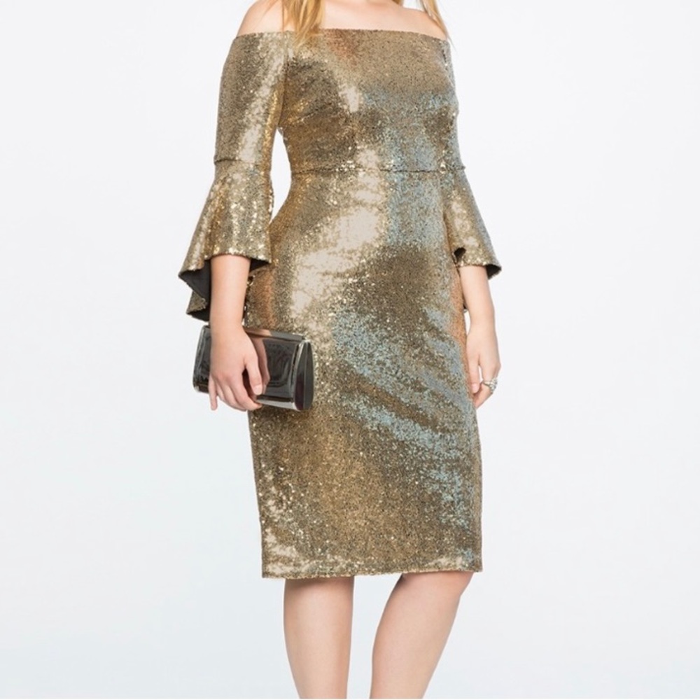 Gold sequin midi dress size 16 true to size. May possibly fit an size 18.